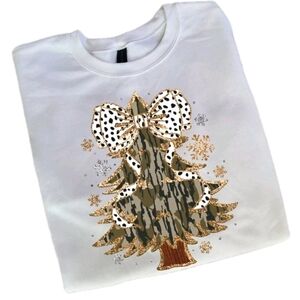 Festive Camo Bow Christmas Sweatshirt with Tree Design